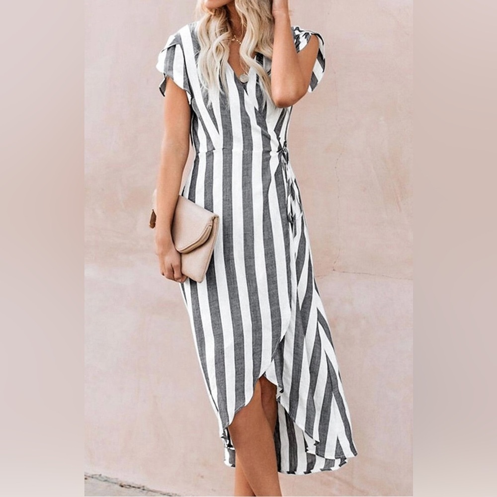 Cupshe Black and White Striped High-Low Wrap Dress